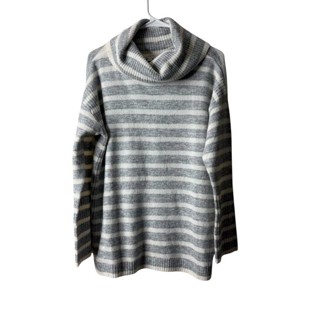 Loft Gray White Striped Ribbed Turtleneck Pullover Sweater NWT